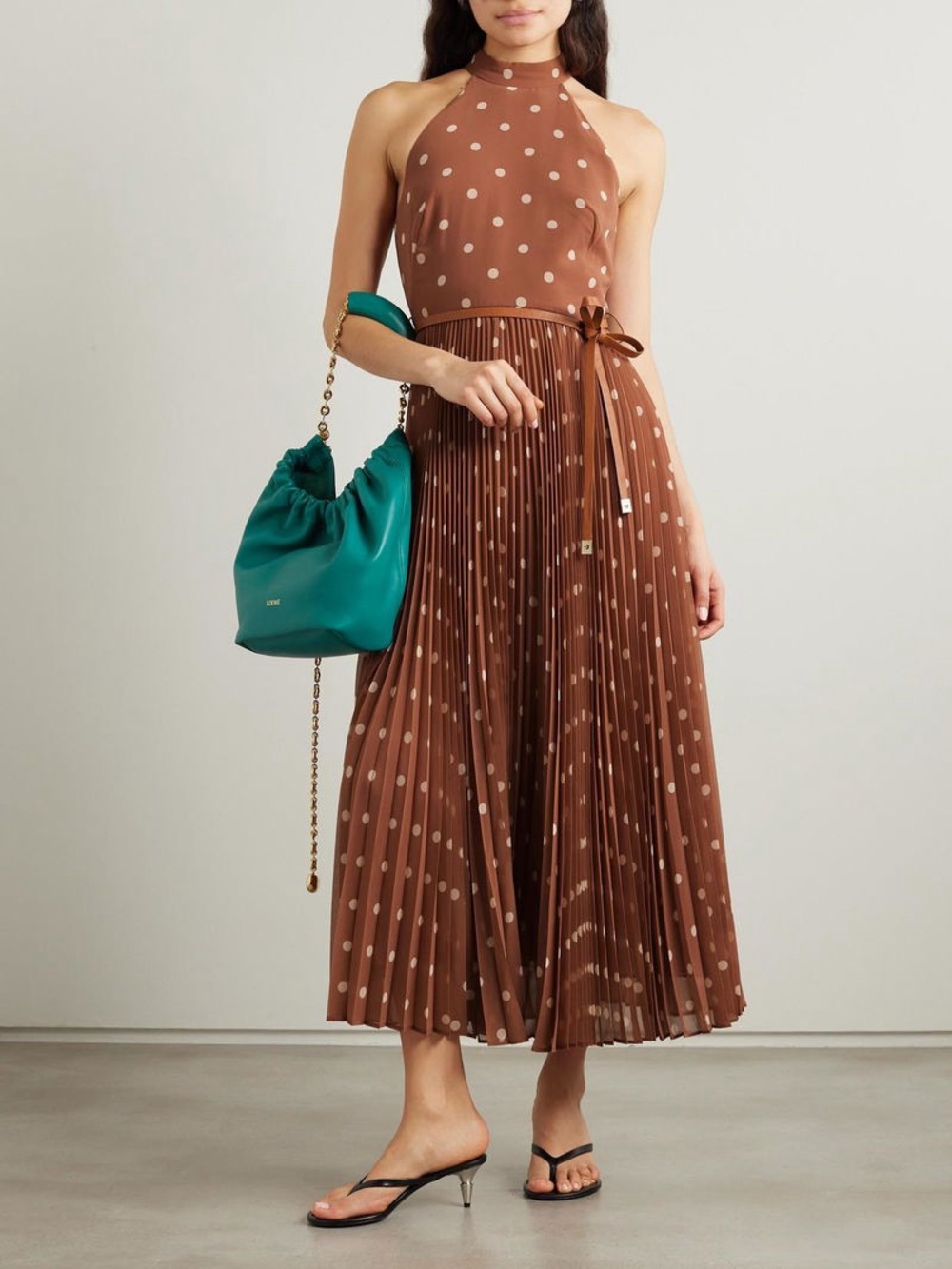 Zimmermann Brown and Cream Polka Dot Halter Pleated Midi Dress (3)